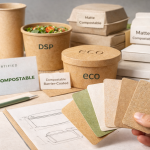 Compostable packaging showing different finishes and textures, including matte paper containers, certified compostable labels, and material samples