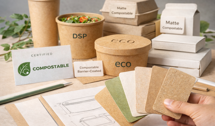 Compostable packaging showing different finishes and textures, including matte paper containers, certified compostable labels, and material samples