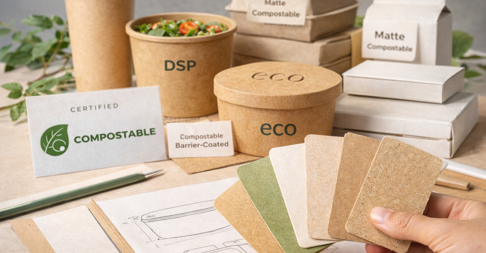 Compostable packaging showing different finishes and textures, including matte paper containers, certified compostable labels, and material samples