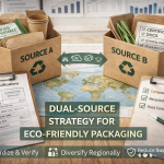Dual-source strategy for eco-friendly packaging showing Source A and Source B boxes with certified compostable materials and compliance documents
