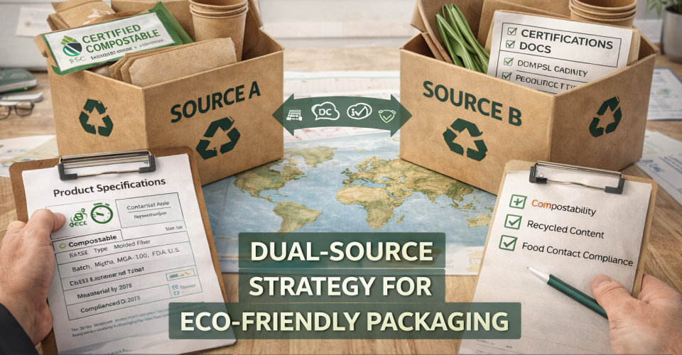 Dual-source strategy for eco-friendly packaging showing Source A and Source B boxes with certified compostable materials and compliance documents