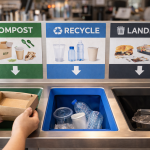 Clean restaurant waste station showing compost bin with compostable foodware, recycle bin with plastic items, and landfill bin for non-recyclables
