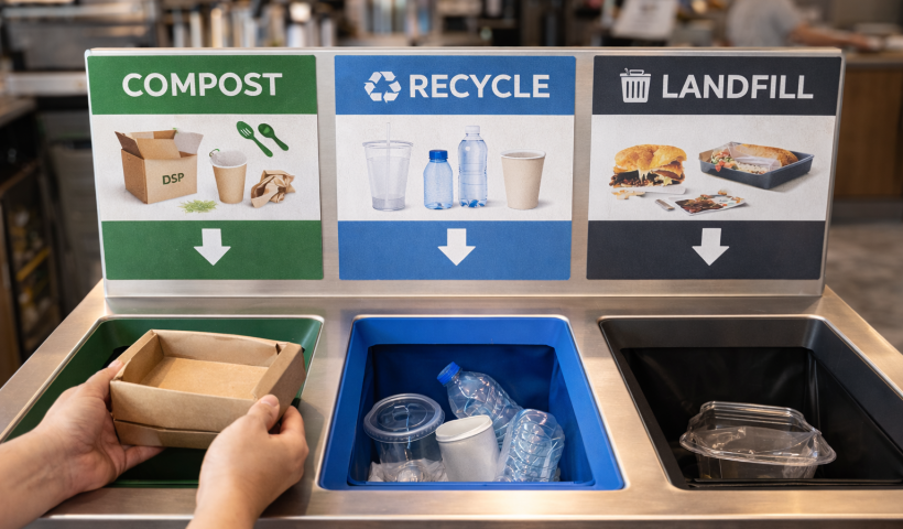 Clean restaurant waste station showing compost bin with compostable foodware, recycle bin with plastic items, and landfill bin for non-recyclables