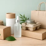 Minimalist sustainable packaging featuring kraft boxes, molded pulp trays, glass bottles, and paper bags on a natural wooden surface