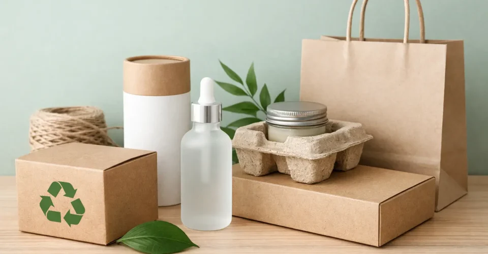Minimalist sustainable packaging featuring kraft boxes, molded pulp trays, glass bottles, and paper bags on a natural wooden surface