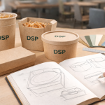 Custom eco-friendly foodware branded with DSP, showing compostable cups, bowls, and boxes alongside foodware design sketches