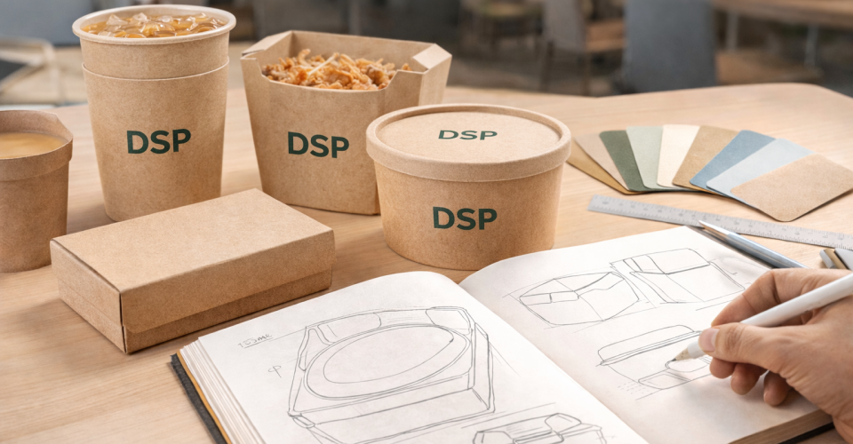 Custom eco-friendly foodware branded with DSP, showing compostable cups, bowls, and boxes alongside foodware design sketches