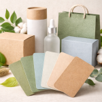 Eco-friendly packaging displayed with earth-toned color swatches, showing how muted greens, blues, and neutrals communicate sustainability