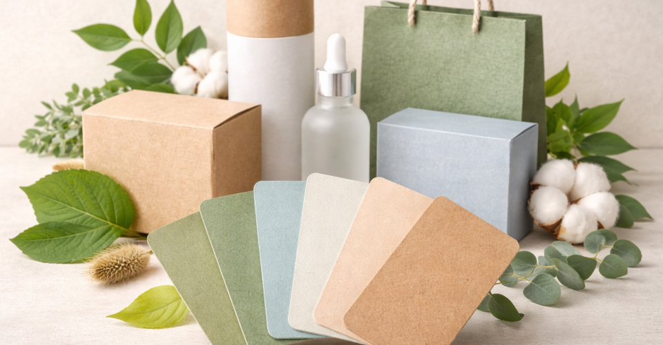 Eco-friendly packaging displayed with earth-toned color swatches, showing how muted greens, blues, and neutrals communicate sustainability