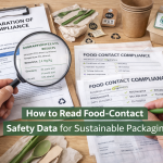 Food-contact safety data for sustainable packaging shown through compliance documents, migration test results, and compostable packaging samples