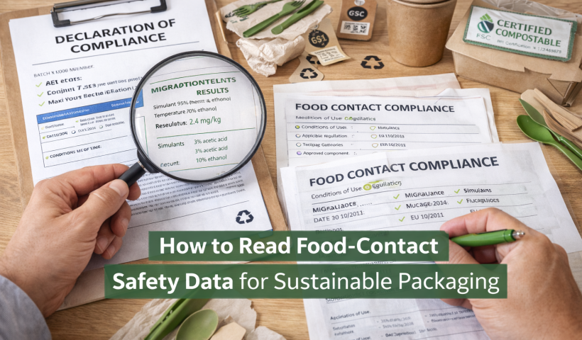 Food-contact safety data for sustainable packaging shown through compliance documents, migration test results, and compostable packaging samples