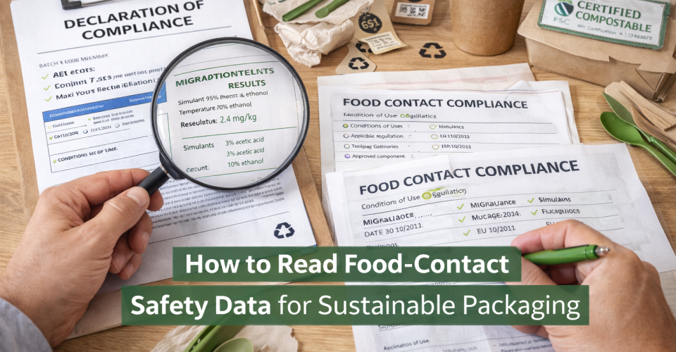 Food-contact safety data for sustainable packaging shown through compliance documents, migration test results, and compostable packaging samples