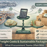 Freight costs and sustainable packaging comparison showing cargo ship, total landed cost scale, and certified compostable packaging