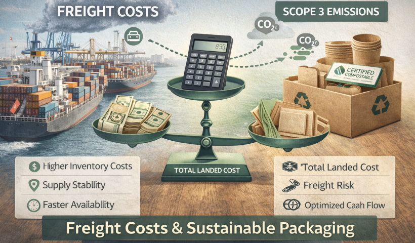 Freight costs and sustainable packaging comparison showing cargo ship, total landed cost scale, and certified compostable packaging