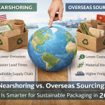 Comparison of nearshoring and overseas sourcing for sustainable packaging, showing eco-friendly packaging boxes and global supply chain visuals