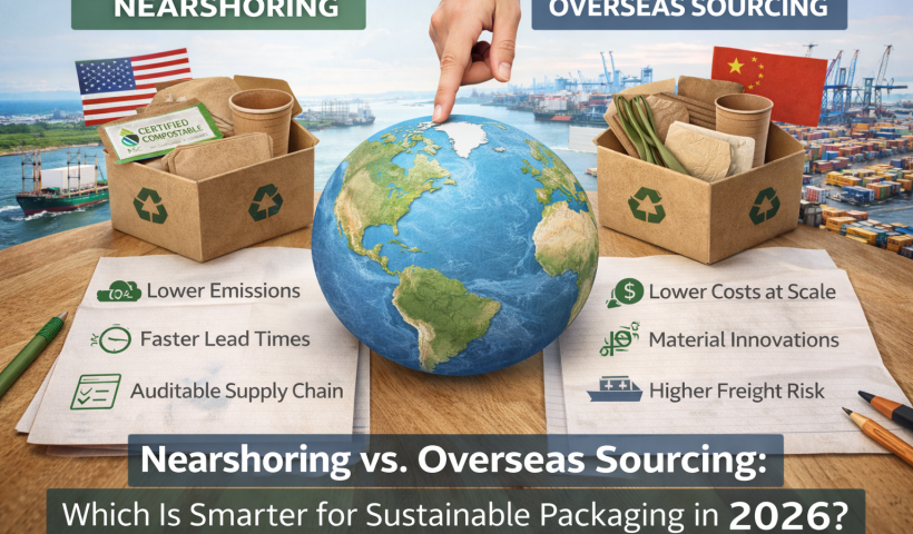 Comparison of nearshoring and overseas sourcing for sustainable packaging, showing eco-friendly packaging boxes and global supply chain visuals