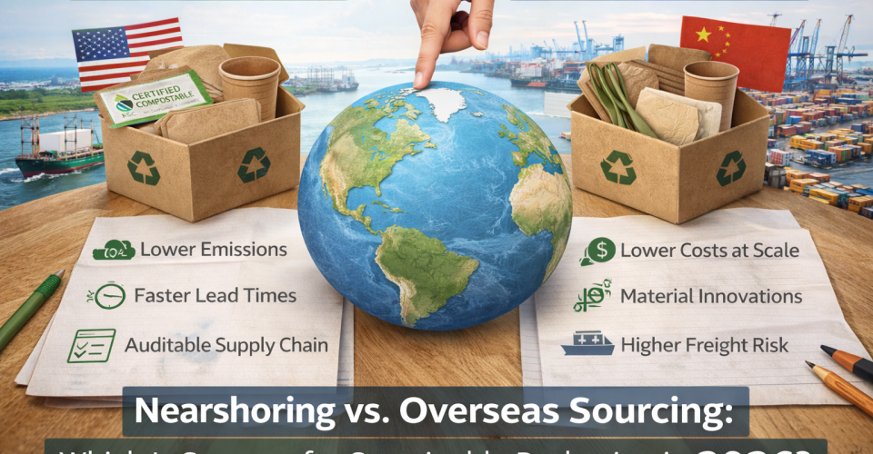 Comparison of nearshoring and overseas sourcing for sustainable packaging, showing eco-friendly packaging boxes and global supply chain visuals
