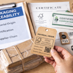 Traceable packaging documentation with certified compostable materials, material origin tags, and transparent supplier certification records